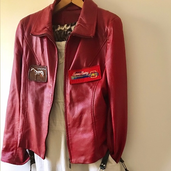 Red leather biker jacket vintage racing varsity patches moto motorcycle … - Picture 5 of 11